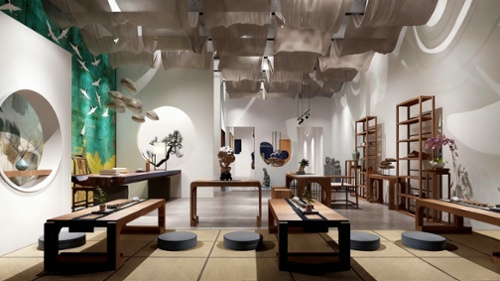新中式禅意文化展厅 原木家具文化展厅空间设计3D模型免费下载_3dmax模型_3D艺墅网