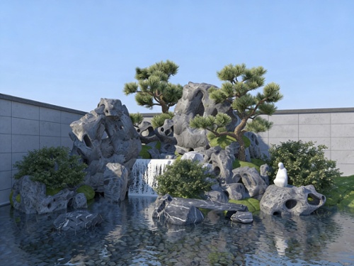 新中式禅意假山水景 假山流水景观 室内庭院装饰3D模型免费下载_3dmax模型_3D艺墅网